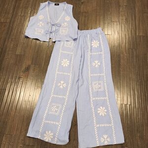 Milk & Honey Light Blue Embroidered Wide-Leg Pants & Tie-Front Vest Set